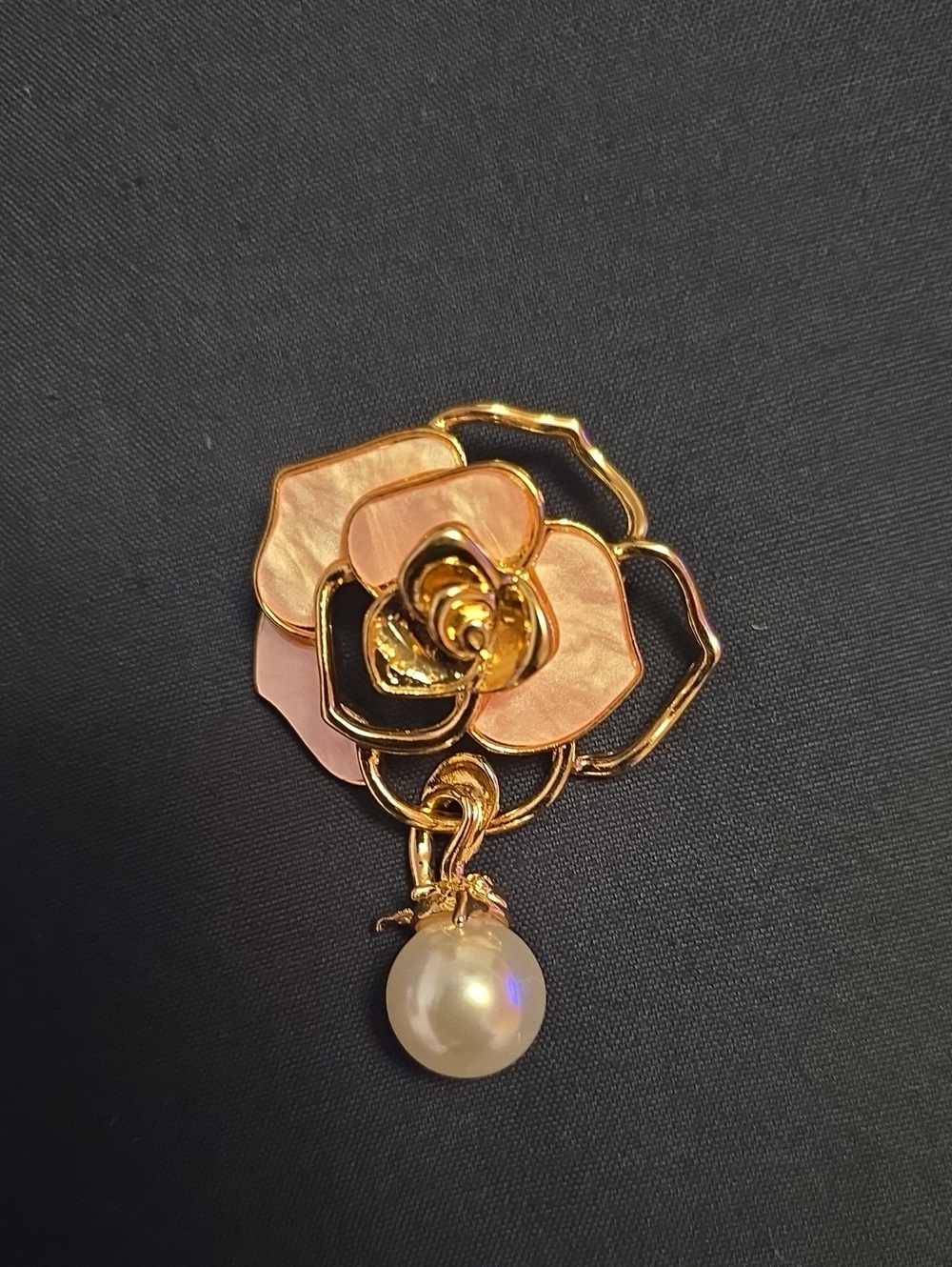 Gold and Pink Flower Pearl Drop Brooch - Women's Jewelry